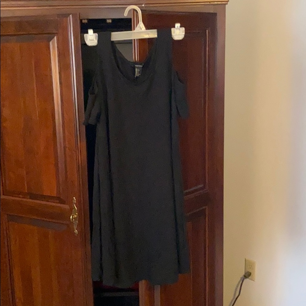 Black open shoulder shift dress